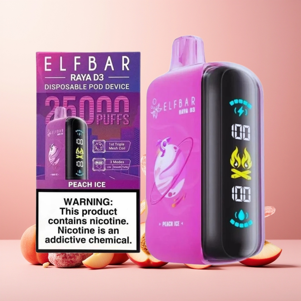 ELF BAR RAYA D3 25000 Puffs Norge Engros Vape til engangsbruk Fersken Is 23ml 5% Nikotin Type-C Oppladbar