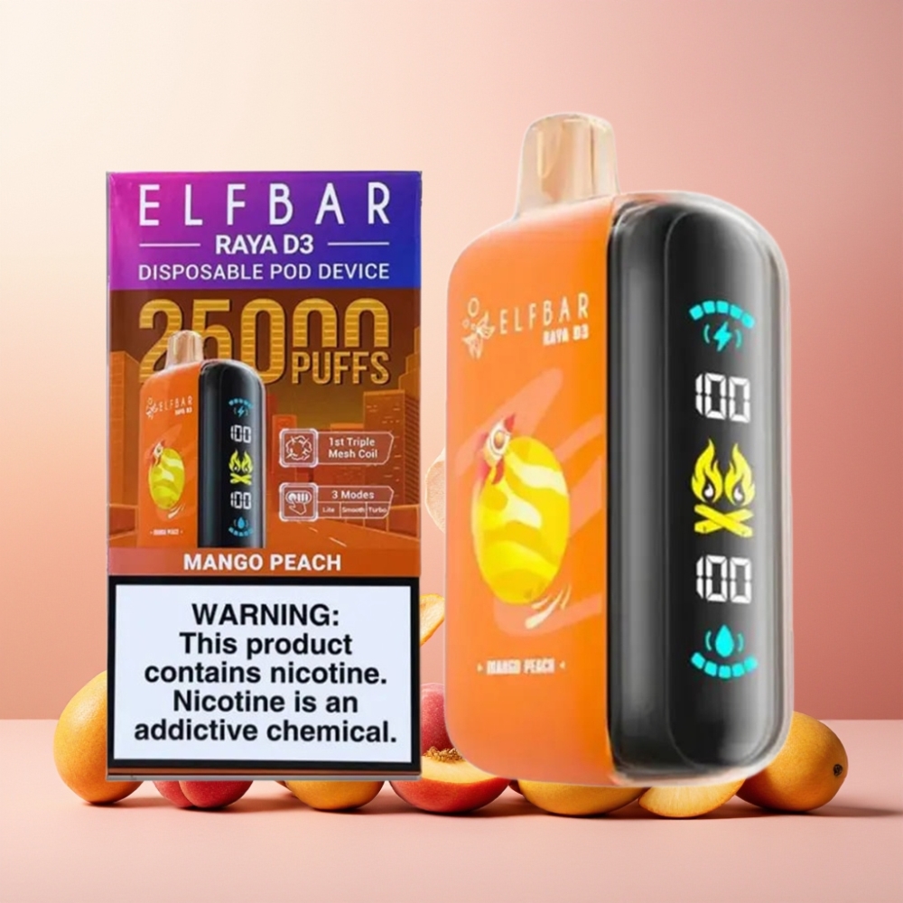ELF BAR RAYA D3 25000 Puffs Norge Engros Vape til engangsbruk Mango Peach (850mAh, 23ml, 5% Nikotin, Type-C)