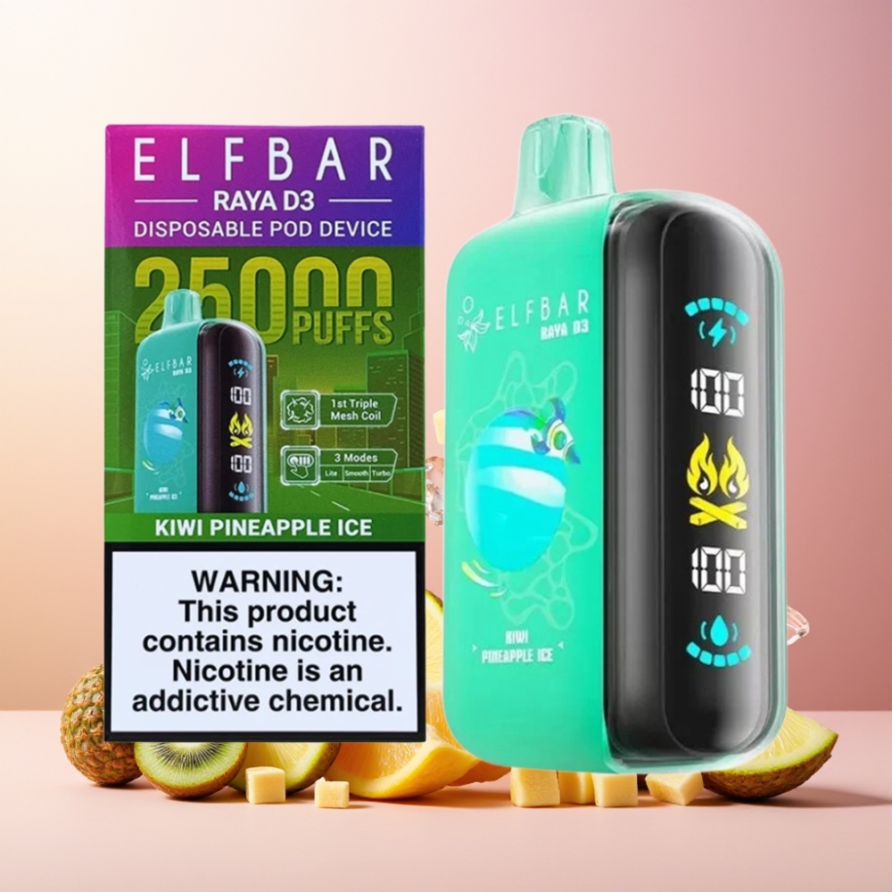 ELF BAR RAYA D3 Norge Engros – 25000 Puffs, 23ml, 5% Nikotin, Kiwi Ananas Is, 850mAh Ladebar, Type-C