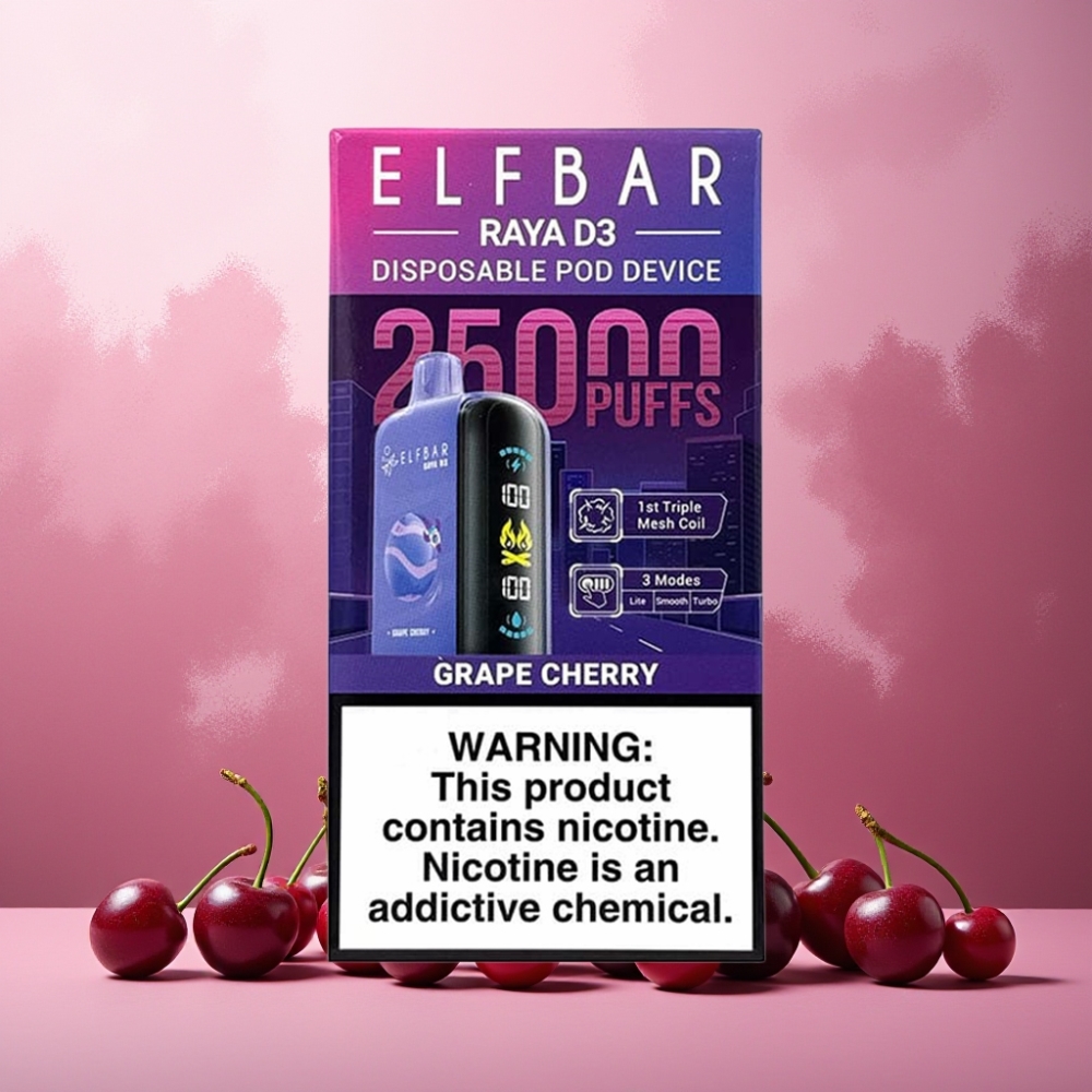 ELF BAR RAYA D3 Norge Engros 25000 Puffs 23ml 5% Nikotin Type-C Ladeskapende Vape til engangsbruk Drupe/Kirsebær