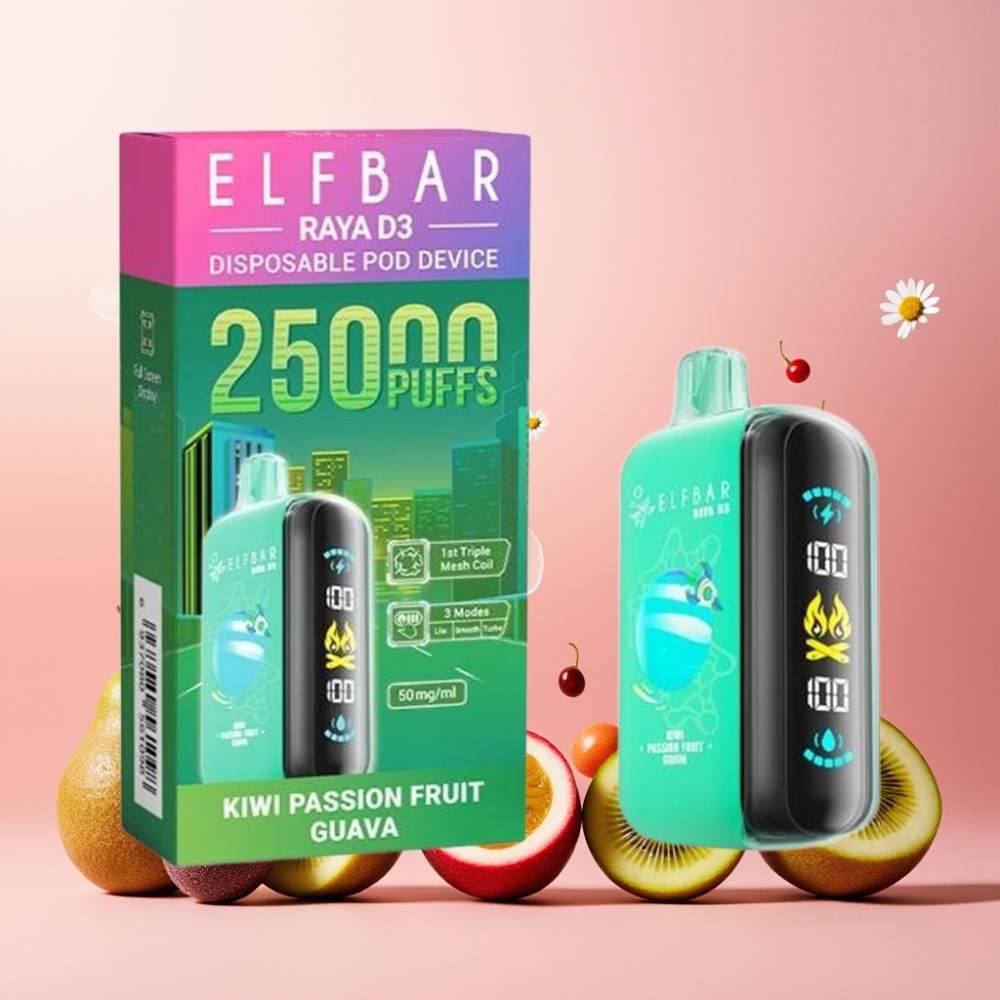 ELF BAR RAYA D3 Norge Engros 25000 Puffs Vape til engangsbruk 23ml 5% Nikotin Kiwi Pasjonsfrukt Guava Type-C Lading Stor Skjerm