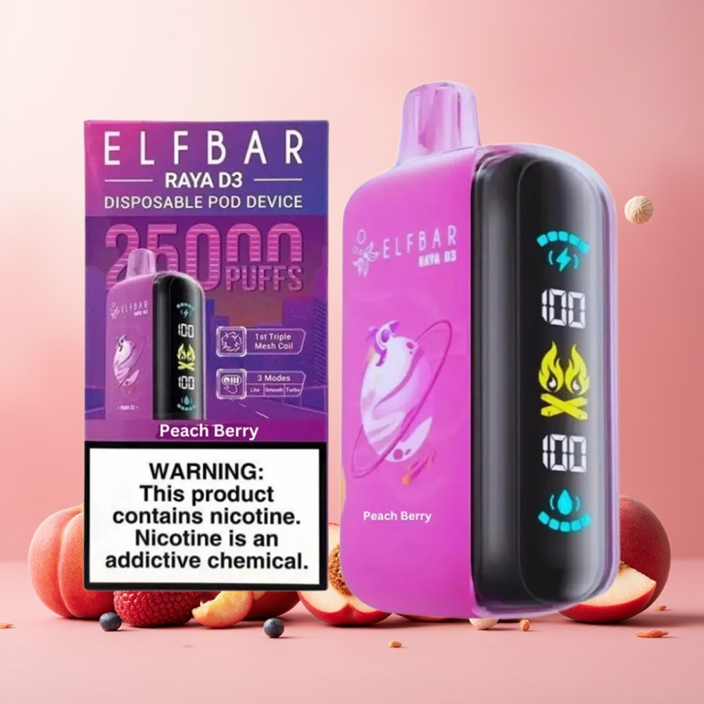 ELF BAR RAYA D3 Norge engros 25000 Puffs Opplagbar Vape 850mAh Batteri 23ml Fersken-Bær Type-C Lading