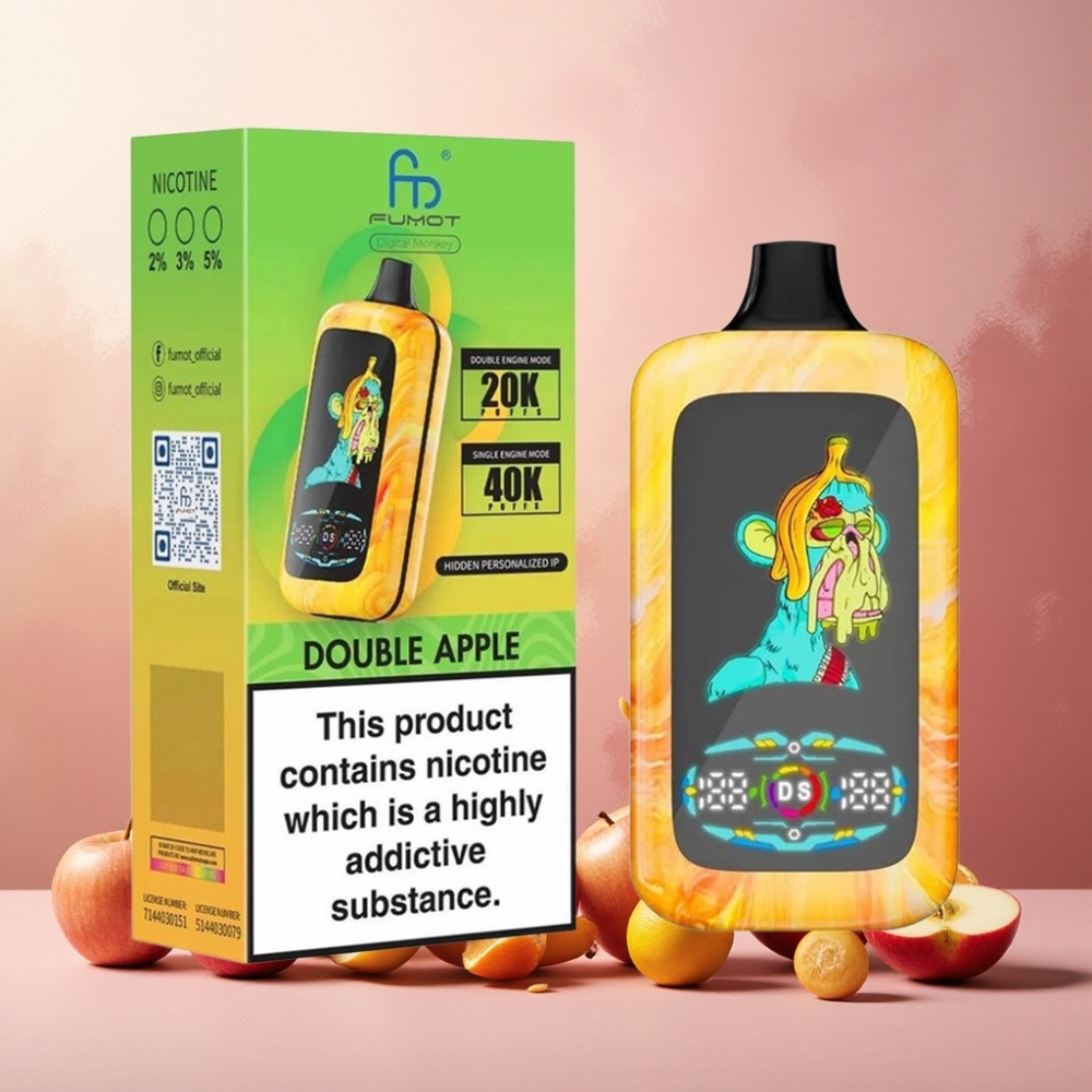 Fumot Digital Monkey Norge Engros 40000 Puffs Vape til engangsbruk Dobbel Eple – Dual Engine Mode, Dual Mesh Coil, 850 MAH Battery, Type-C Port, Nikotininnhold 0%/2%/3%/5%