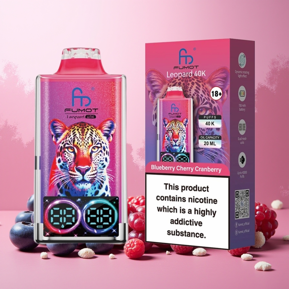 Fumot Leopard Norge Engros 40K Puffs Vape til engangsbruk Blåbær Kirsebær Tyttebær – 700mAh Batteri, Dual Mesh, Type-C Lading, Digital Oljekraftskjerm