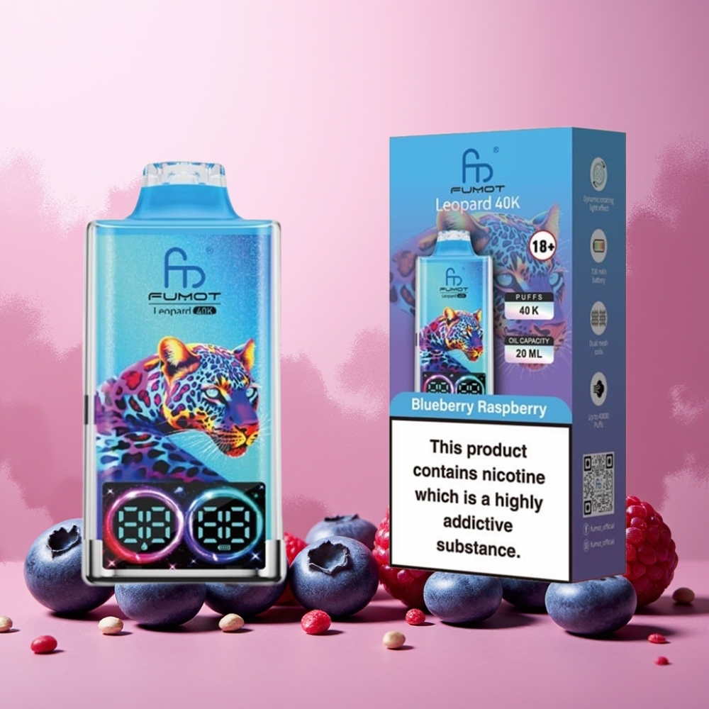 Fumot Leopard Norge Engros Vape til engangsbruk Blåbær Bringebær – 40K Puffs, 700mAh, Dual Mesh, Type-C Lading, Digital Oljekraftdisplay
