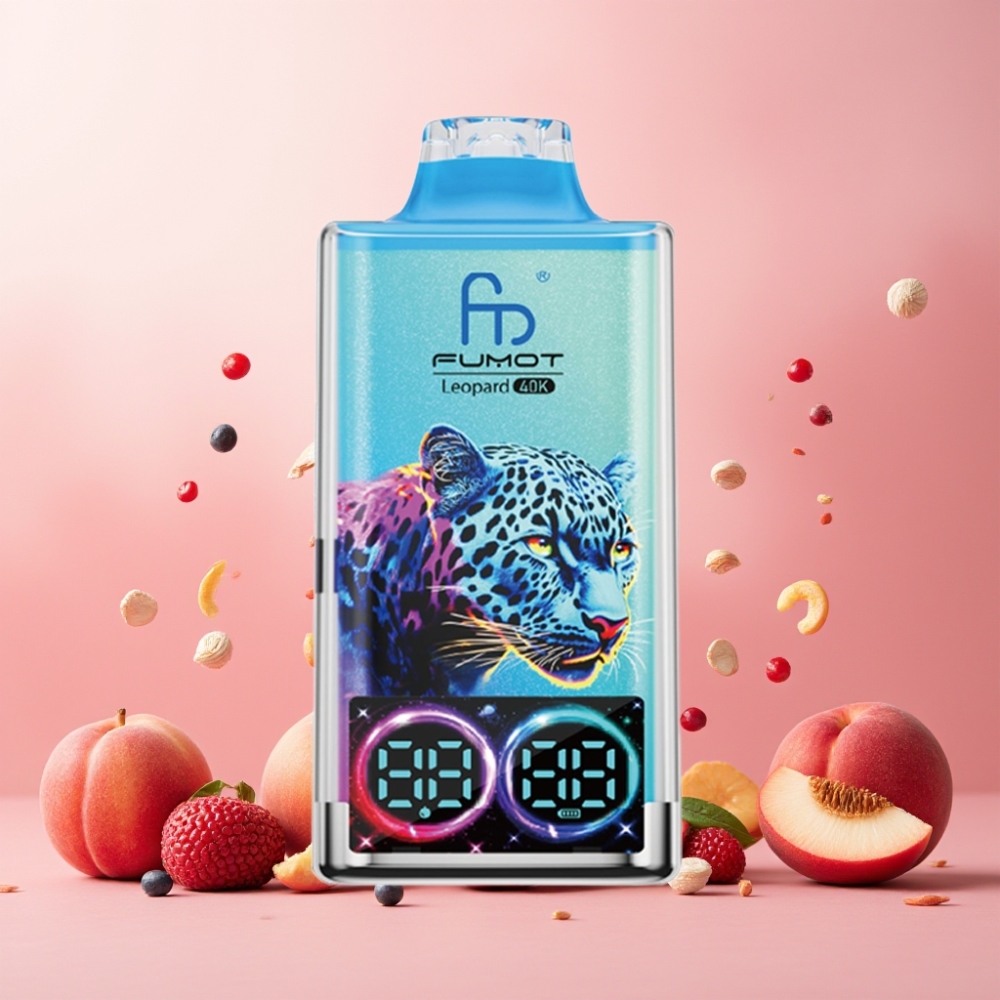 Fumot Leopard Norge engros 40K Puffs Vape til engangsbruk Fersken & Bær med 700mAh Batteri, Dual Mesh, Type-C Lading og Digital Oljekraftvisning