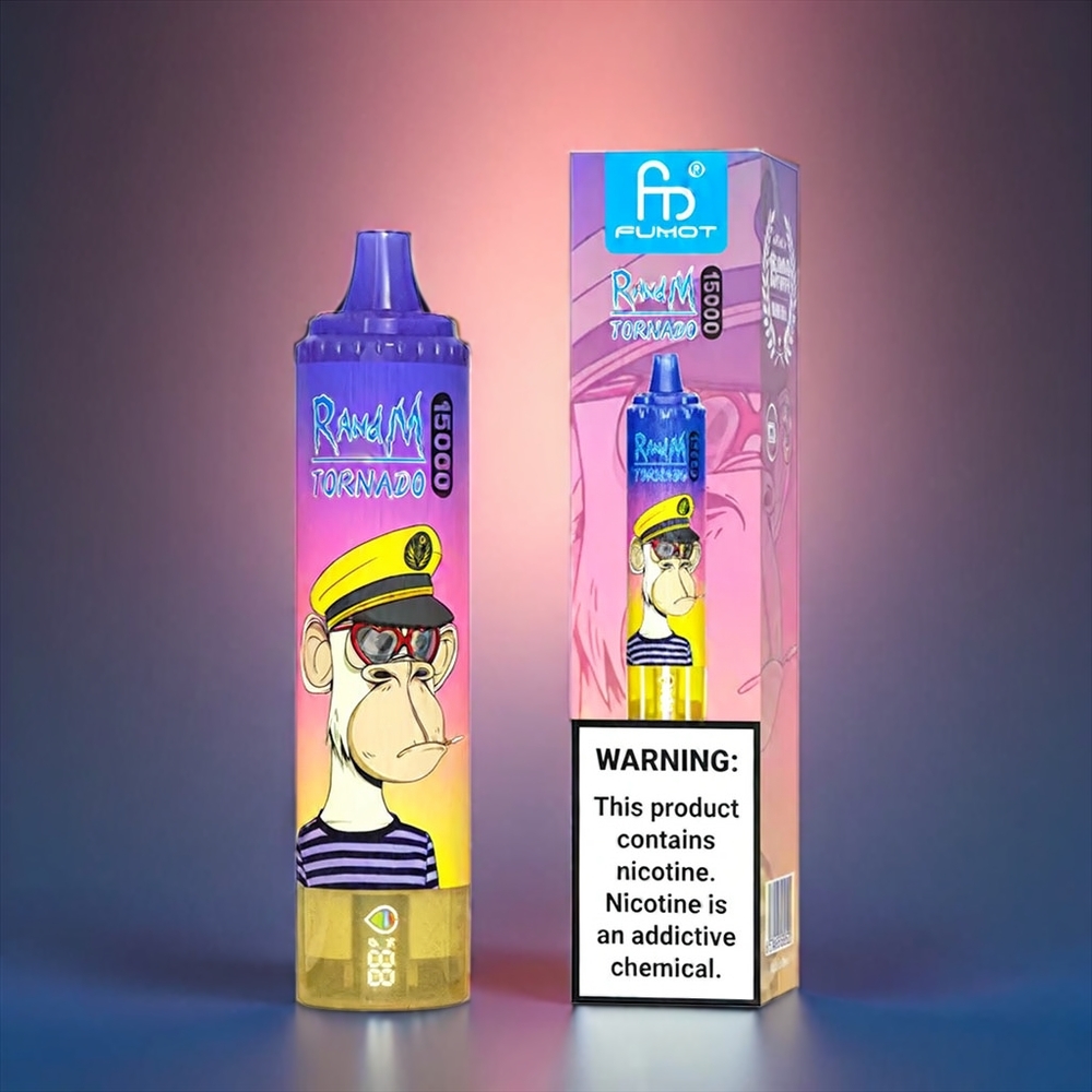 Fumot RandM Tornado 15000 Puffs Norge Engros 25ml 850mAh Type-C LCD Maskespole Fersken Blåbær Godteri