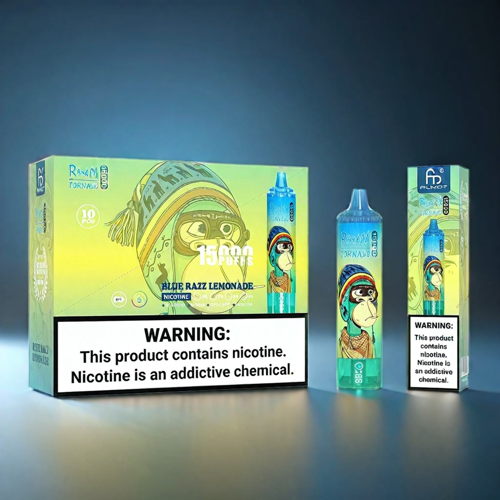 Fumot RandM Tornado 15000 Puffs Norge Engros – 25ml Kapasitet, 850mAh Batteri, Type-C Lading, Blå Bringebær Lemonade
