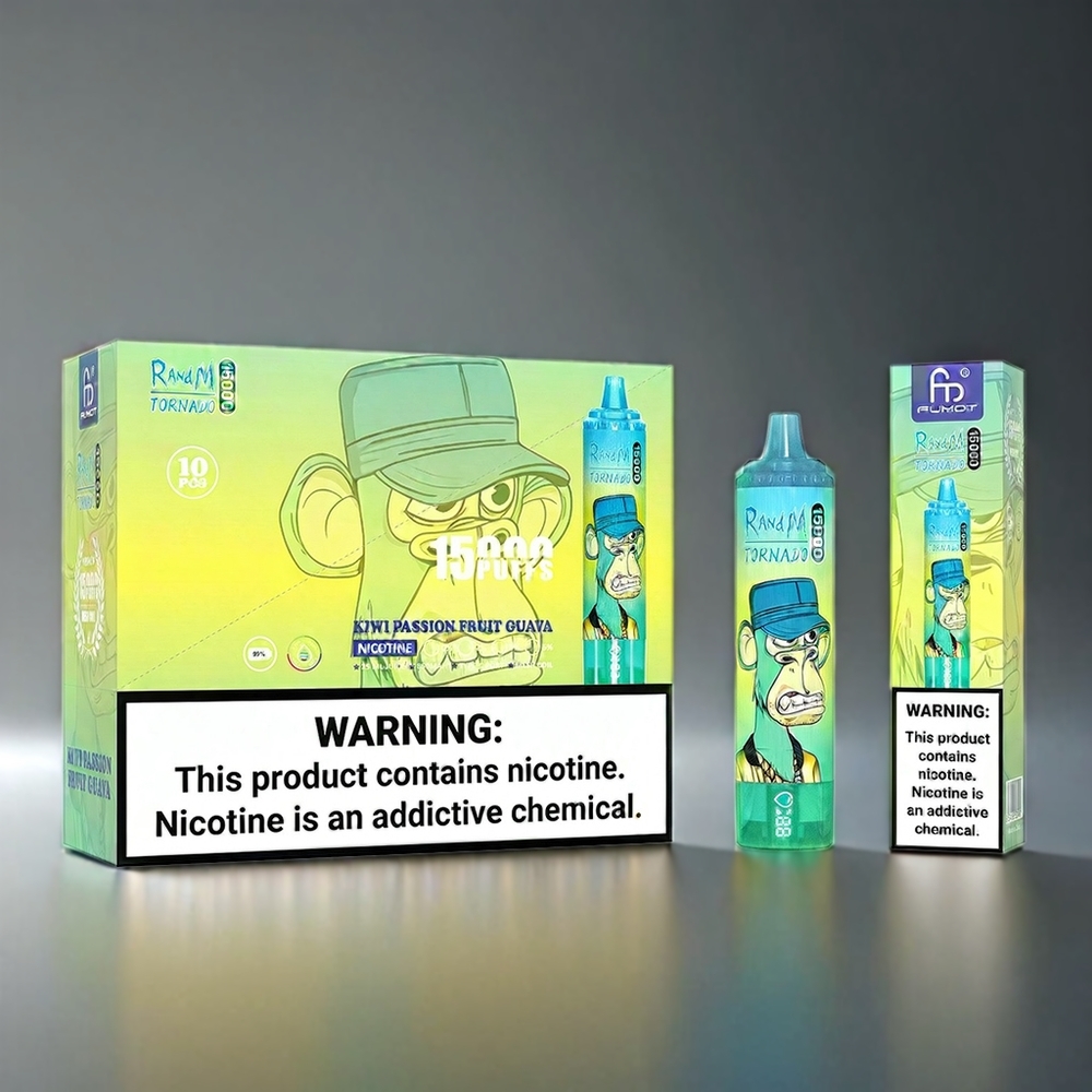 Fumot RandM Tornado 15000 Puffs Norge engros Vape med 25ml kapasitet, 850mAh batteri og Type-C lading – Kiwi, Pasjonsfrukt og Guava