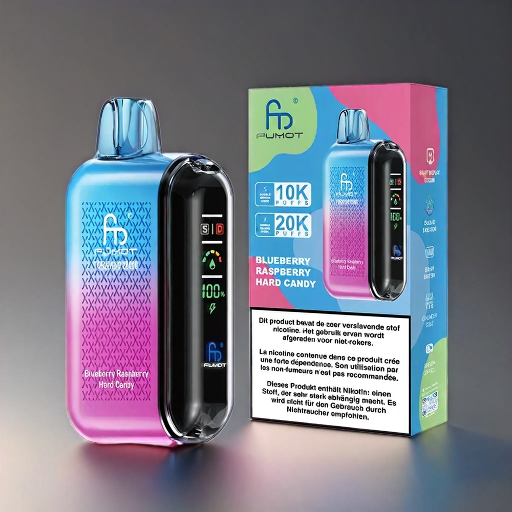 Fumot Tornado 20000 Puffs Norge Engros – Blåbær & Bringebær Hard Candy med Dual Mesh Coil, 20ml E-liquid og 850mAh Batteri