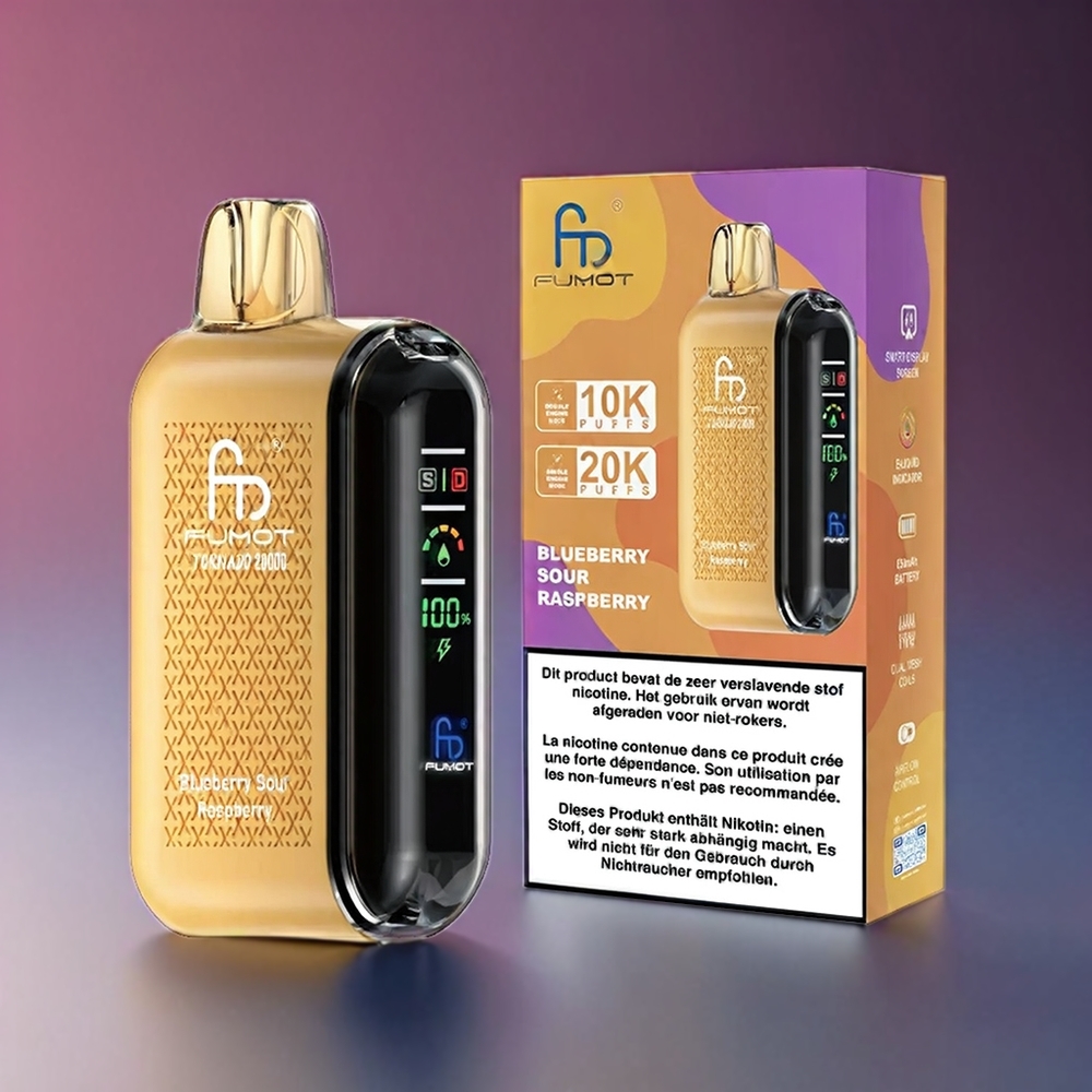 Fumot Tornado 20000 Puffs Norge Engros – Blåbær Sur Bringebær med Dual Mesh Coil, 20ml E-liquid, 850mAh Batteri, Smart Display