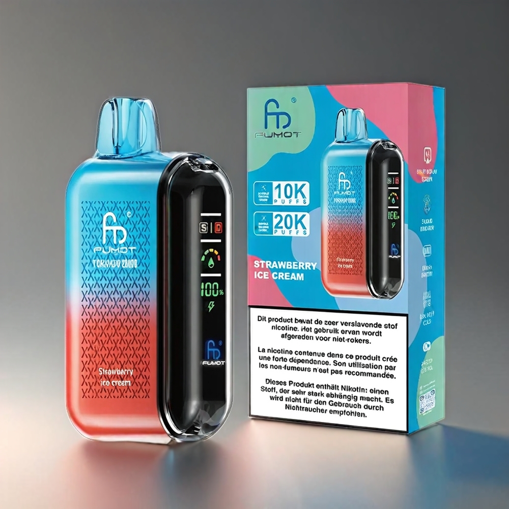 Fumot Tornado 20000 Puffs Norge Engros – Jordbær Iskrem med 20ml E-væske, 850mAh Batteri & Smart Display