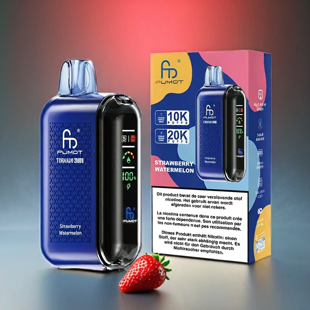 Fumot Tornado 20000 Puffs Norge Engros – Jordbær og Vannmelon med Dual Mesh Coil, 20ml E-liquid, 850mAh Batteri, Smart Display & Airflow Control