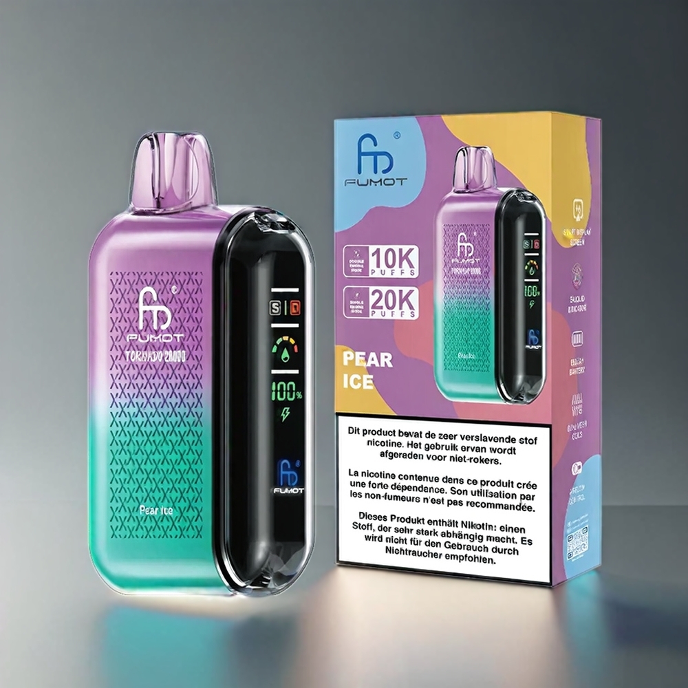 Fumot Tornado 20000 Puffs Norge Engros Vape Pære Is med Dual Mesh Coil, 850mAh Batteri og Smart Display