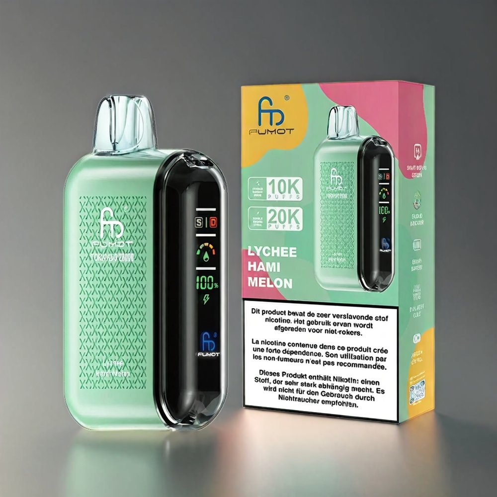 Fumot Tornado 20000 Puffs Norge Engros Vape med 20ml E-væske, 850mAh Battery, Dual Mesh Coil og Smart Display – Litchi Hami Melon
