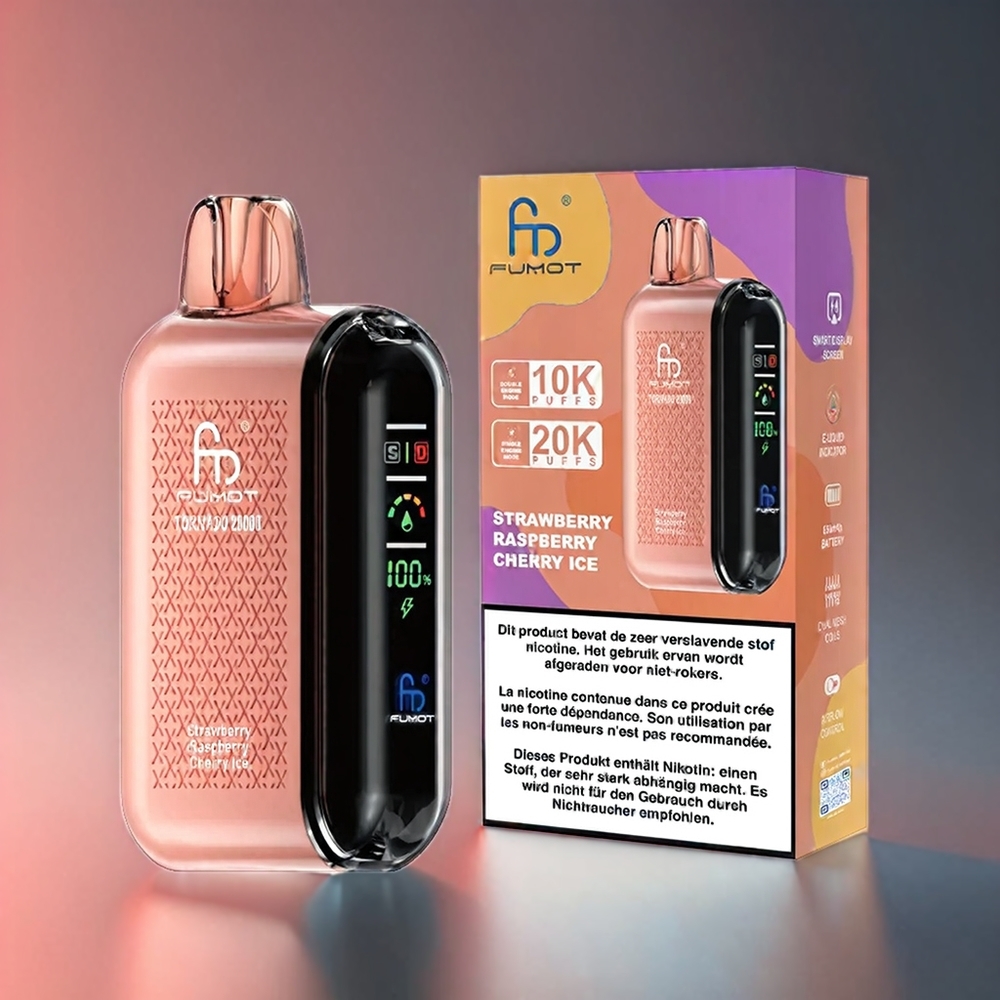 Fumot Tornado 20000 Puffs Norge engros – Jordbær Bringebær Kirsebær Is med Dual Mesh Coil, 20ml E-liquid og 850mAh Batteri