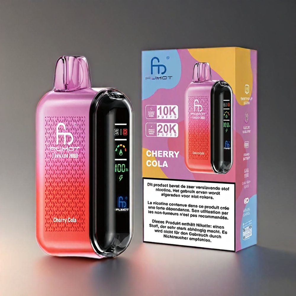 Fumot Tornado 20000 Puffs Norge engros med Dual Mesh Coil, 20ml E-liquid og Smart Display – Kirsebær Cola