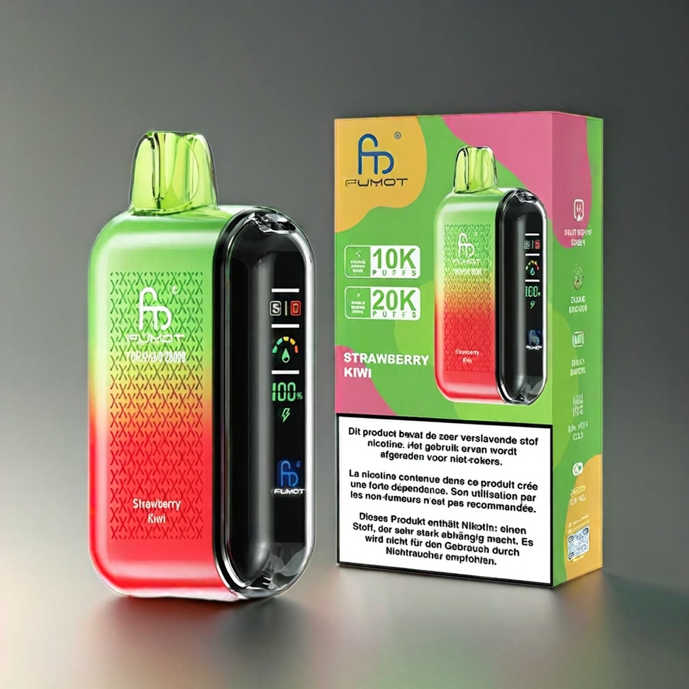 Fumot Tornado 20000 Puffs Norge engros med Jordbær-Kiwi, Dual Mesh Coil, 20ml E-liquid og Smart Display
