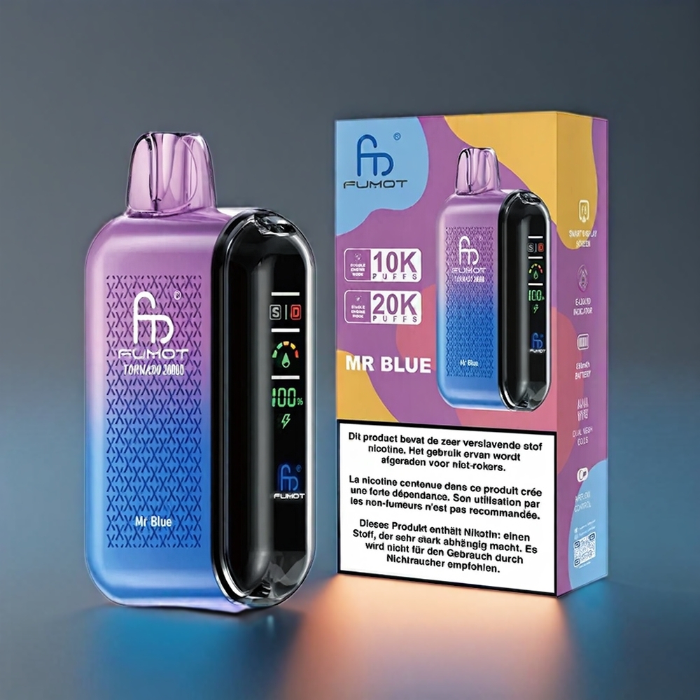 Fumot Tornado Norge Engros 20000 Puffs 20ml E-liquid 850mAh Mr Blå Smart Display Luftstrømkontroll