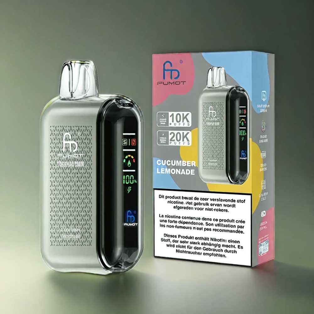 Fumot Tornado Norge Engros 20000 Puffs Vape Agurk Sitronade med Dual Mesh Coil, 20ml E-liquid og 850mAh Batteri