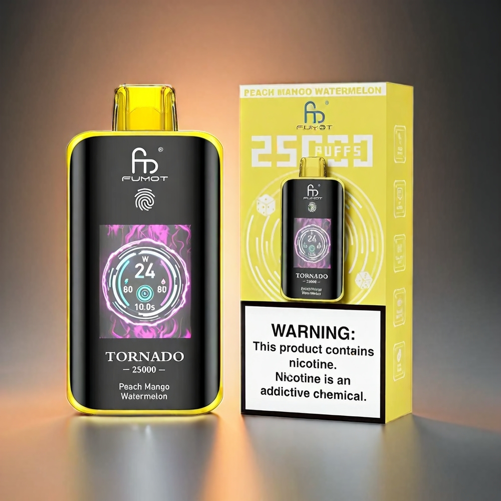 Fumot Tornado 25000 Puffs Norge Engros – HD Skjerm, 700mAh Batteri, 20ml Fylt E-væske, 25000 Puffs, Type-C Lading – Fersken Mango Vannmelon