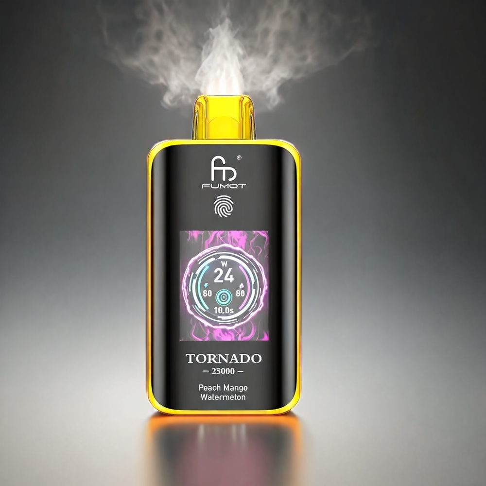 Fumot Tornado 25000 Puffs Norge Engros – HD Skjerm, 700mAh Batteri, 20ml Fylt E-væske, 25000 Puffs, Type-C Lading – Fersken Mango Vannmelon