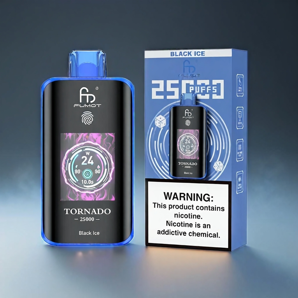 Fumot Tornado 25000 Puffs Norge Engros – HD Skjerm, 700mAh Batteri, Type-C Lading, Svart Is