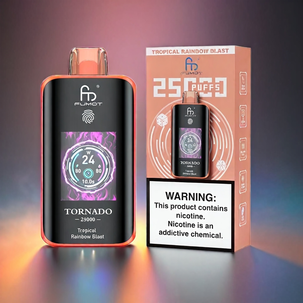 Fumot Tornado 25000 Puffs Norge Engros HD Skjerm 700mAh Oppladbar Batteri Tropisk Regnbærsmakt Type-C Lading