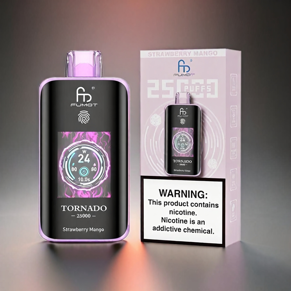 Fumot Tornado 25000 Puffs Norge Engros med HD Skjerm, 20ml Fylt E-væske (Jordbær/Mango), 700mAh Batteri, Type-C Lading