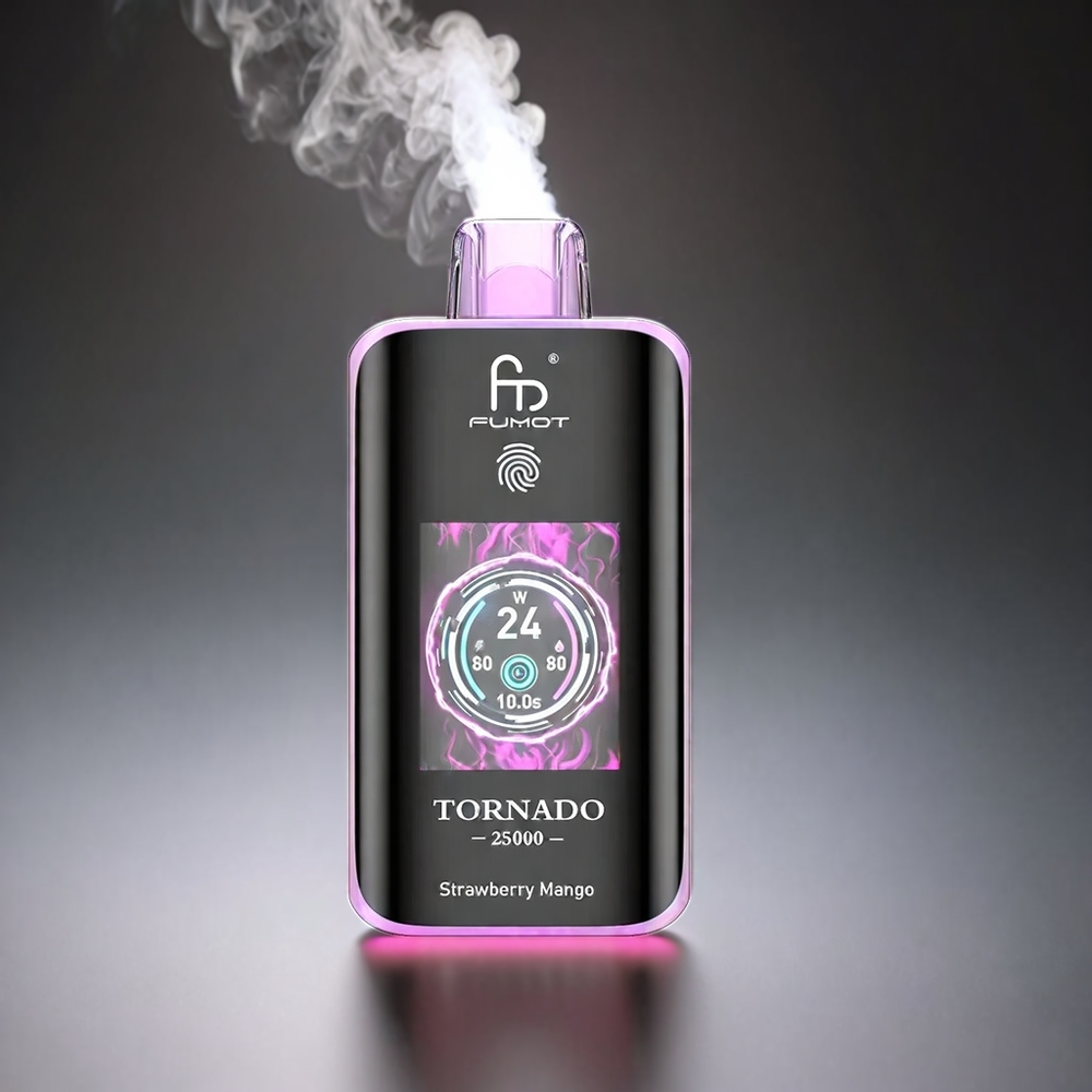 Fumot Tornado 25000 Puffs Norge Engros med HD Skjerm, 20ml Fylt E-væske (Jordbær/Mango), 700mAh Batteri, Type-C Lading