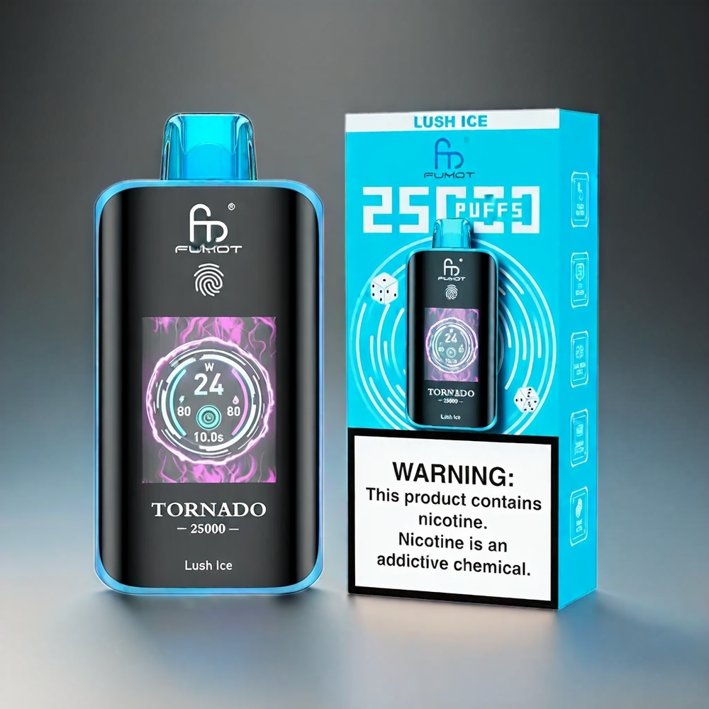 Fumot Tornado 25000 Puffs Norge Engros med HD Skjerm, 700mAh Batteri og 20ml E-væske – Lyst Is