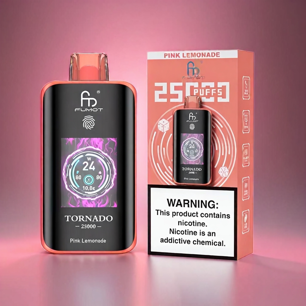 Fumot Tornado 25000 Puffs Norge Engros med HD Skjerm, 700mAh Batteri og 20ml Pink Lemonade E-væske