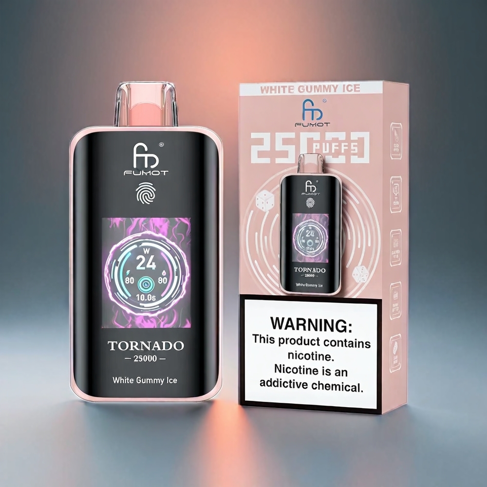 Fumot Tornado 25000 Puffs Norge engros med HD-skjerm, 700mAh batteri, 20ml e-væske, Type-C lading og Hvit Gummy Is smak