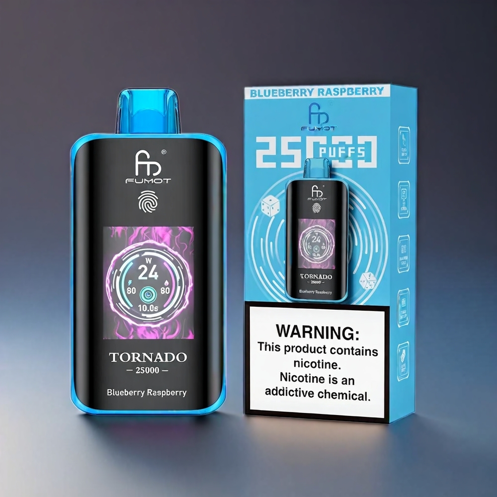 Fumot Tornado Norge Engros 25000 Puffs Vape Blåbær og Bringebær med HD Skjerm, 700mAh Batteri, Type-C Lading