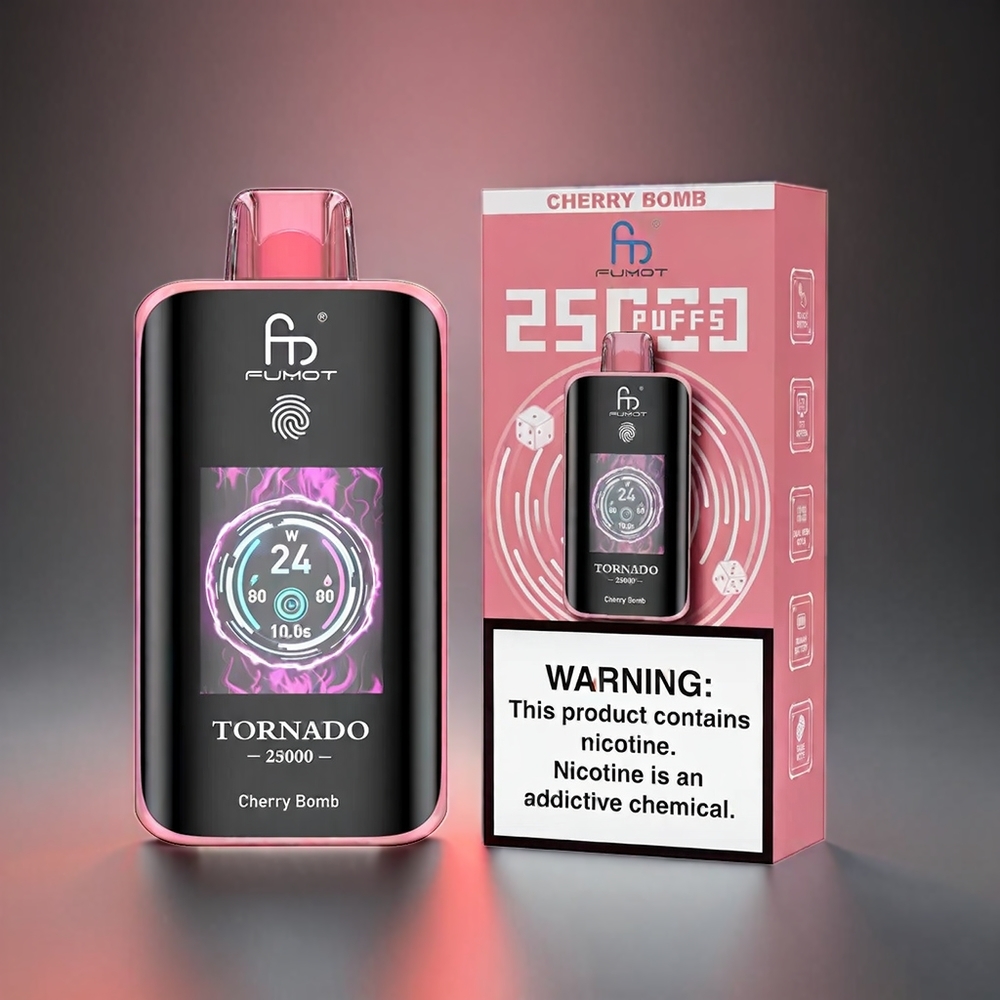 Norge engros Fumot Tornado 25000 Puffs HD Skjerm 700mAh Batteri 20ml Kirsebær Bomb Type-C Lading