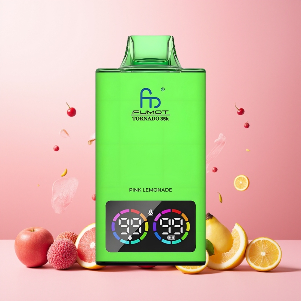 Fumot Tornado 35K Vape til engangsbruk Norge Engros – Dual Mesh Coil, 15ml E-juice, 700 MAH Batteri, USB-C, 35000 Puffs, Rosa Sitronbrus