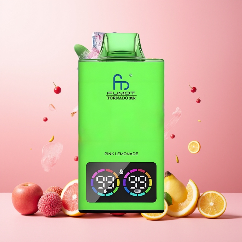 Fumot Tornado 35K Vape til engangsbruk Norge Engros – Dual Mesh Coil, 15ml E-juice, 700 MAH Batteri, USB-C, 35000 Puffs, Rosa Sitronbrus