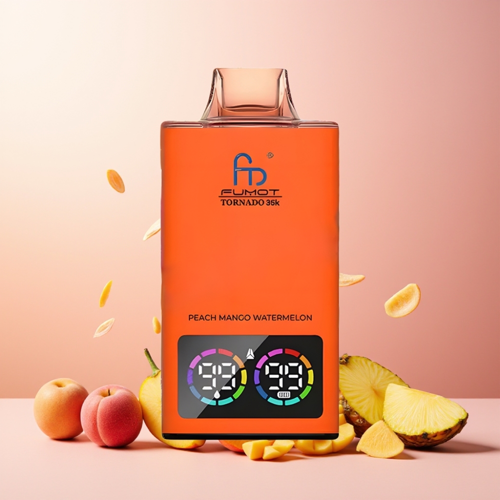 Fumot Tornado 35K Vape til engangsbruk Norge Engros – Peachy Mango Ananas med Dual Mesh Coil, 15ml E-juice, 700 MAH Batteri & 35000 Puffs