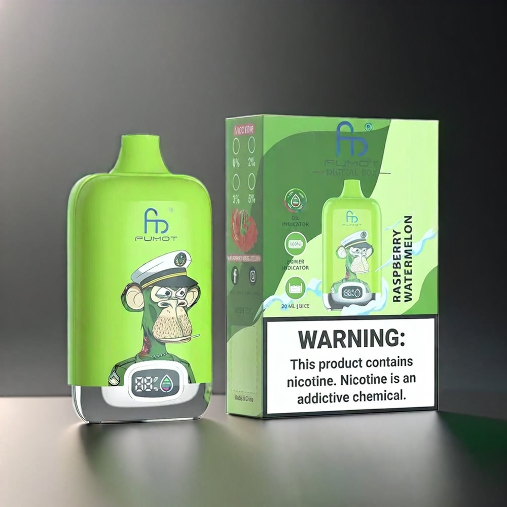 Fumot Tornado Digital Box 12000 Puffs Norge Engros Vape Bringebær Vannmelon med 20ml E-Liquid, 550mAh Batteri og Type-C Lading
