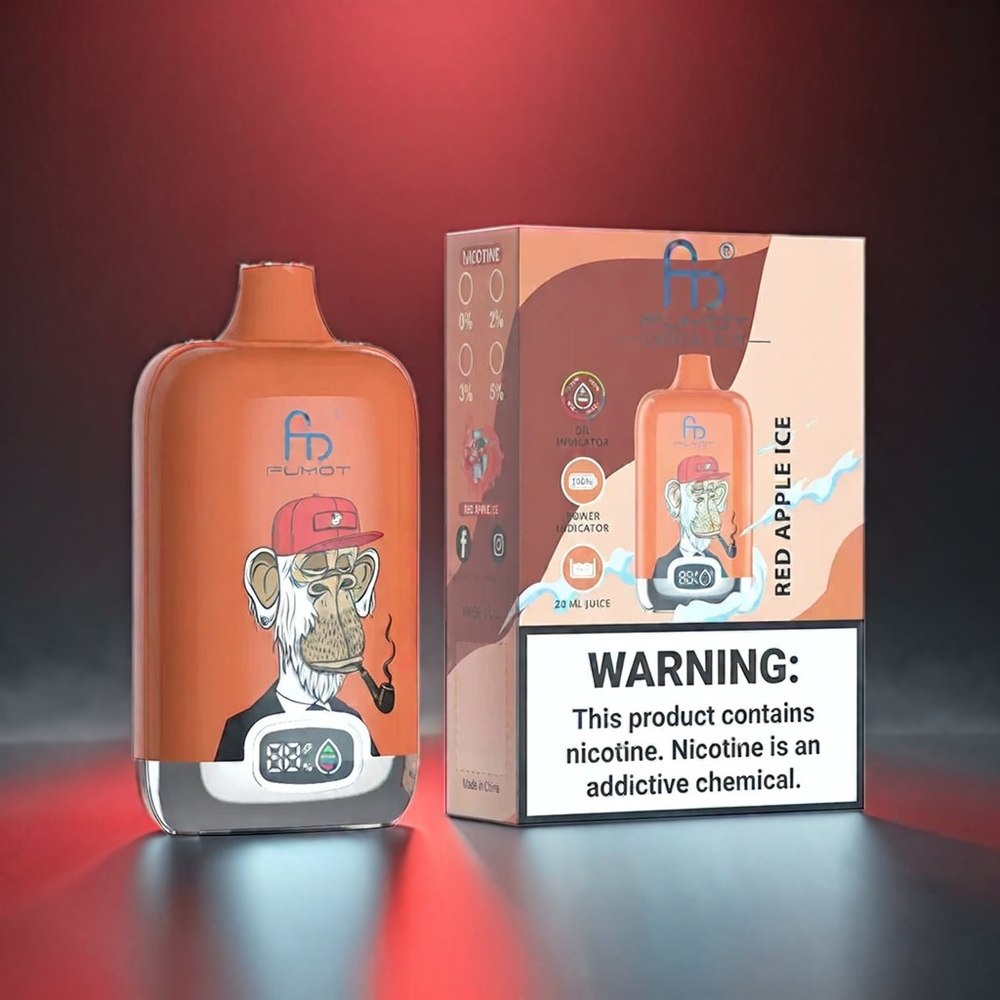 Fumot Tornado Digital Box 12000 Puffs Norge Engros Vape Rød Eple Is med 20ml E-Liquid, 550mAh Batteri, Type-C Lading og MTL Trekking