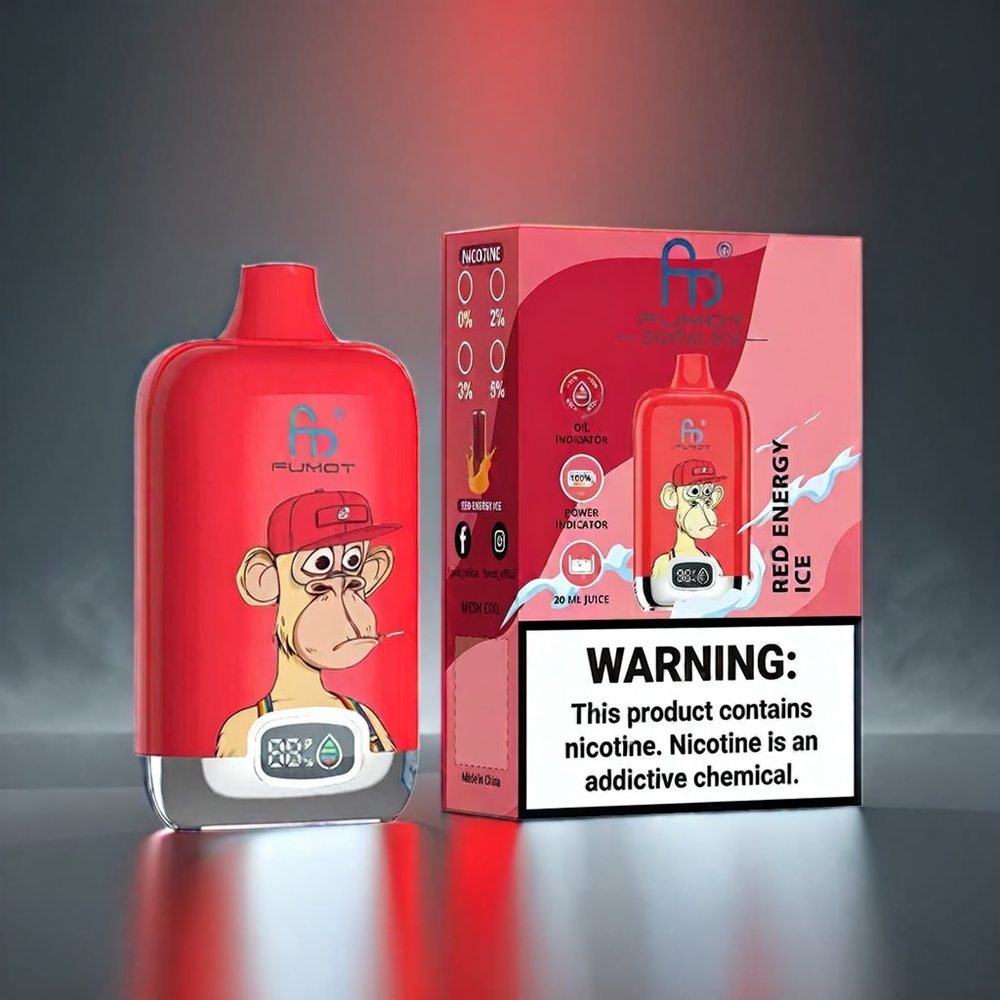 Fumot Tornado Digital Box 12000 Puffs Norge Engros med 20ml E-Liquid, 550mAh Batteri, Type-C Lading og Rød Energi Is