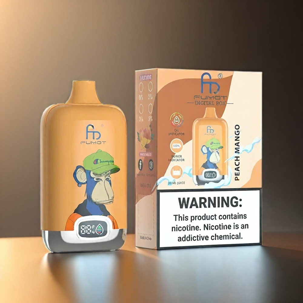 Fumot Tornado Digital Box Norge Engros 12000 Puffs Vape Fersken Mango med 20ml E-Liquid og Type-C Lading