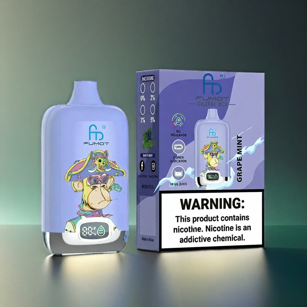 Fumot Tornado Digital Box Norge Engros – 12000 Puffs med 20ml E-Liquid, Mesh Coil og Type-C Lading – Druemynte