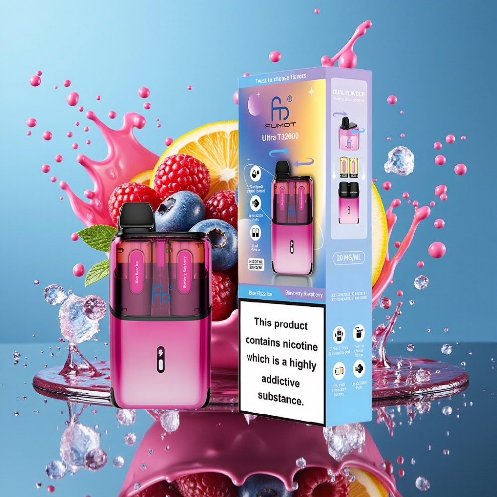Fumot Ultra T32000 Engangs Vape Norge Engros – Blåbringebær Is & Blåbær Bringebær – 32000 Puff – 800mAh – 24ml – Type-C Lading – Mesh Coil