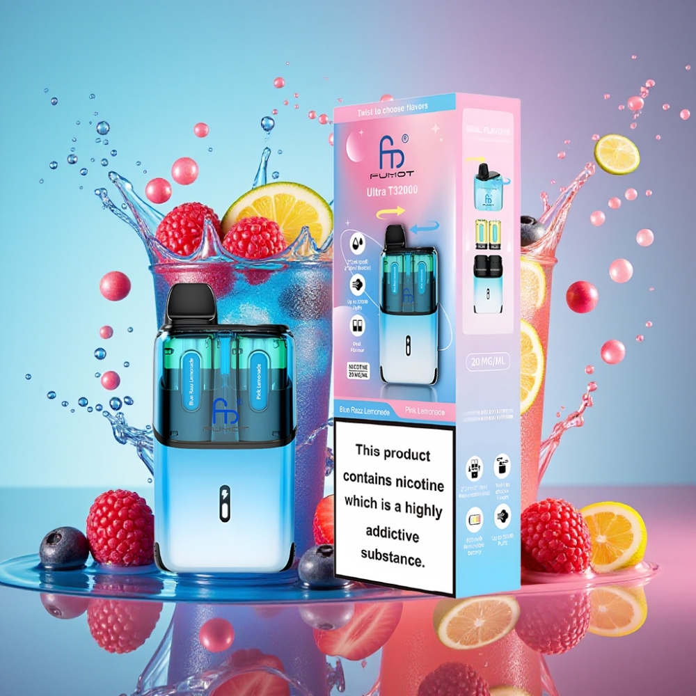 Fumot Ultra T32000 Norge Engros – Blå Bringebær Sitronade & Rosa Sitronade – 32000 Puff, 800mAh Batteri, 24ml E-Væske, Type-C Lading, 20mg Nikotin, Mesh Coil