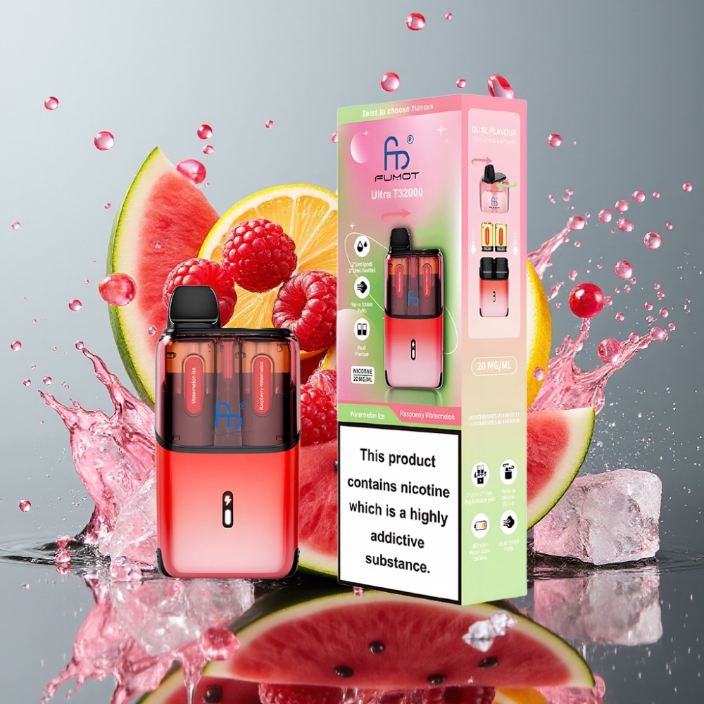 Fumot Ultra T32000 Norge Engros Engangs Vape 32000 Puff 24ml Vannmelon Is & Bringebær Vannmelon med 800mAh Batteri og Type-C Hurtiglading