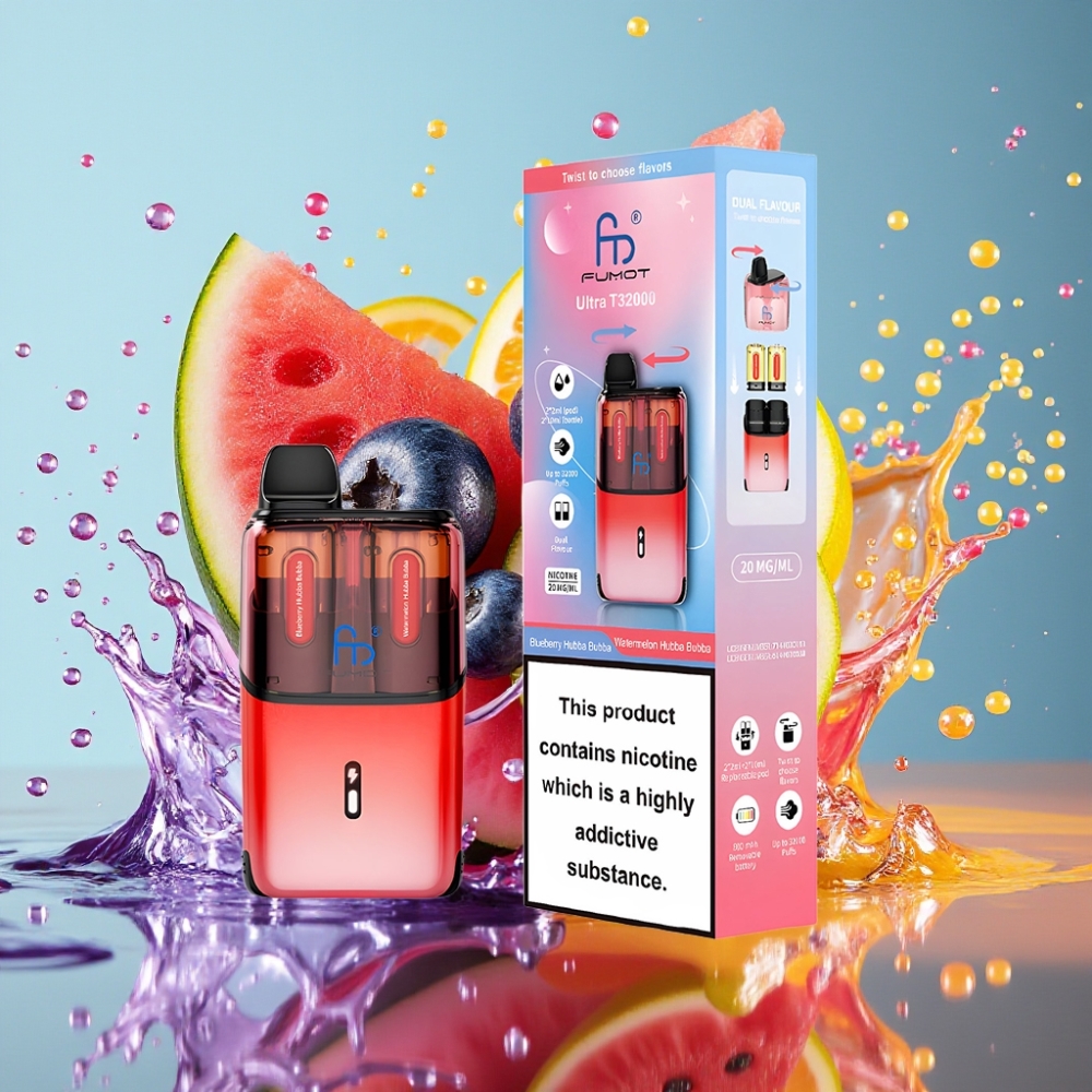 Fumot Ultra T32000 Norge Engros Engangs Vape – Blåbær Hubba Bubba & Vannmelon Hubba Bubba – 32000 Puff, 800mAh Batteri, Type-C Lading, 20mg Nikotin
