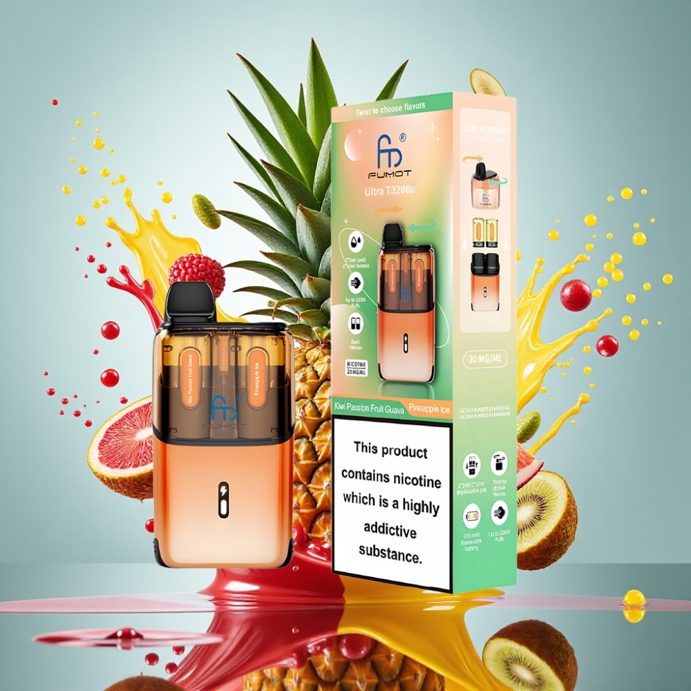 Fumot Ultra T32000 Norge Engros Engangs Vape Kiwi Pasjonsfrukt Guava & Ananas Is med 32000 puff, 800mAh batteri, Type-C hurtiglading og 24ml e-væske