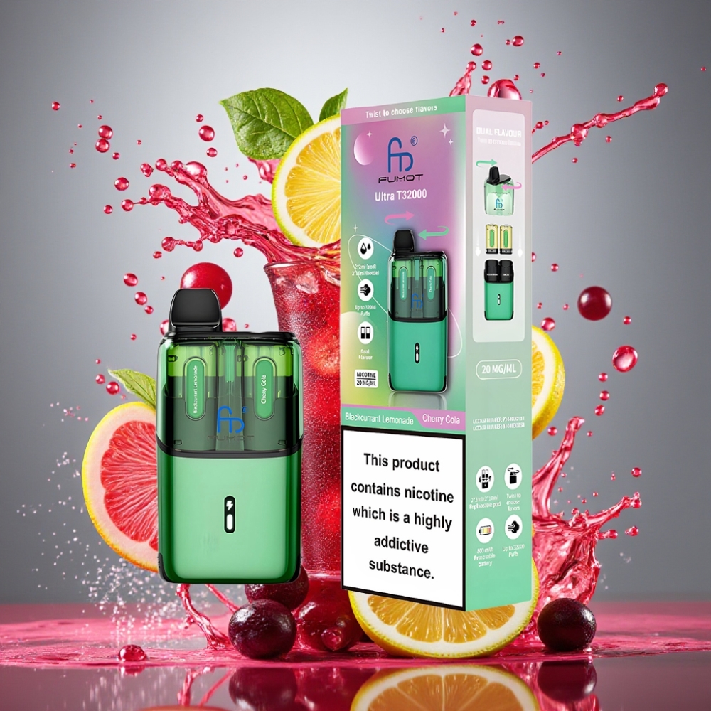 Fumot Ultra T32000 Norge Engros Engangs Vape – Solbær Sitronade & Kirsebær Cola – 32000 Puff, 800mAh, Type-C Lading, 20mg Nikotin, Mesh Coil