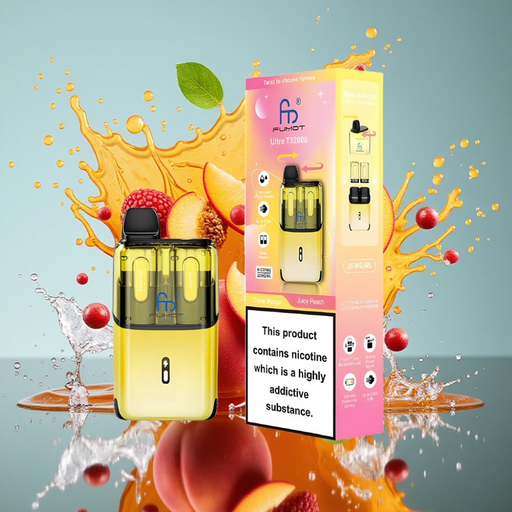 Fumot Ultra T32000 Norge Engros Engangs Vape – Triple Mango & Juicy Peach (32000 puffs, 800mAh, Type-C lading, Mesh Coil)